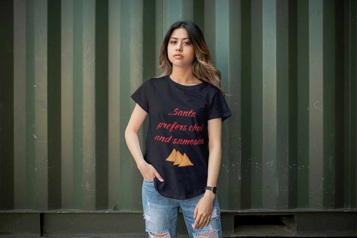 Santa Prefers Chai and Samosas T-Shirt – Add a Desi Twist to the Holidays!